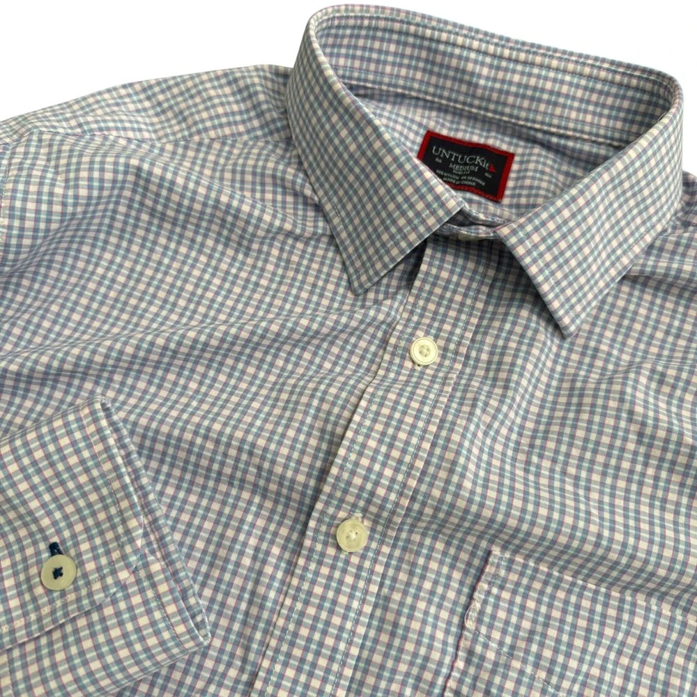 UNTUCKit Mens Medium Slim Fit Blue Gingham Performance Stretch Button Down Shirt